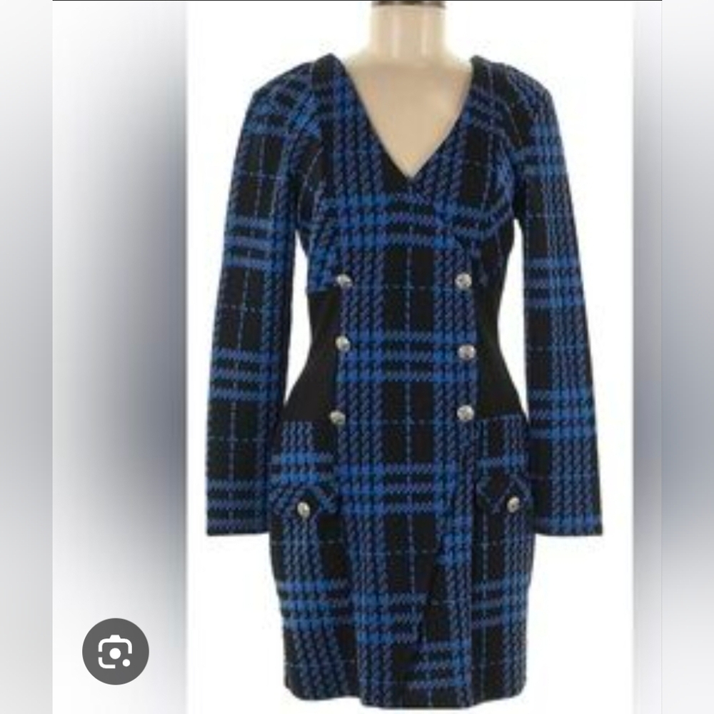 Venus Blue and Black Plaid Dress with Button Accents